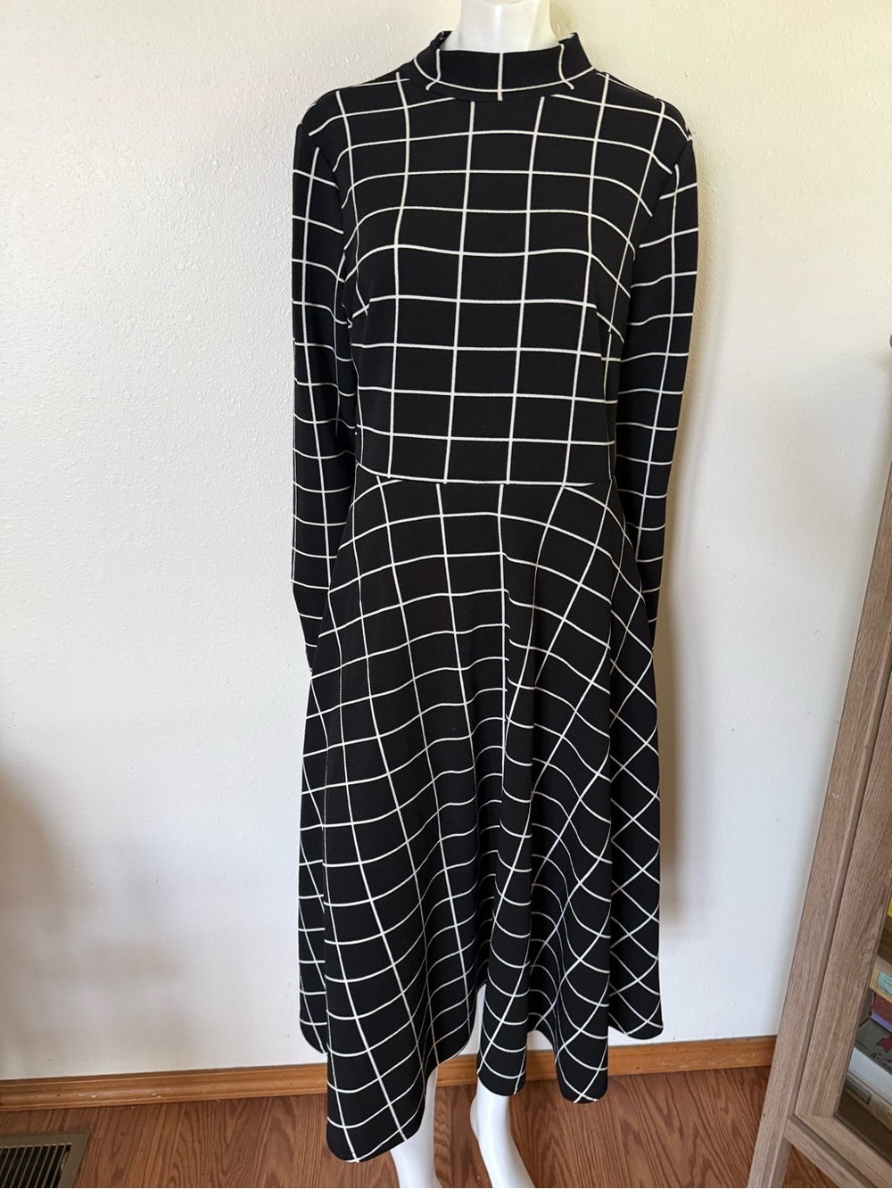 H&M Black and White Grid Midi Dress with High Neck
